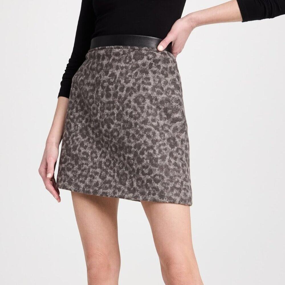Club Monaco Leather Detail Wool Blend Centie Skirt in Leopard Print Size 10 NWT‎